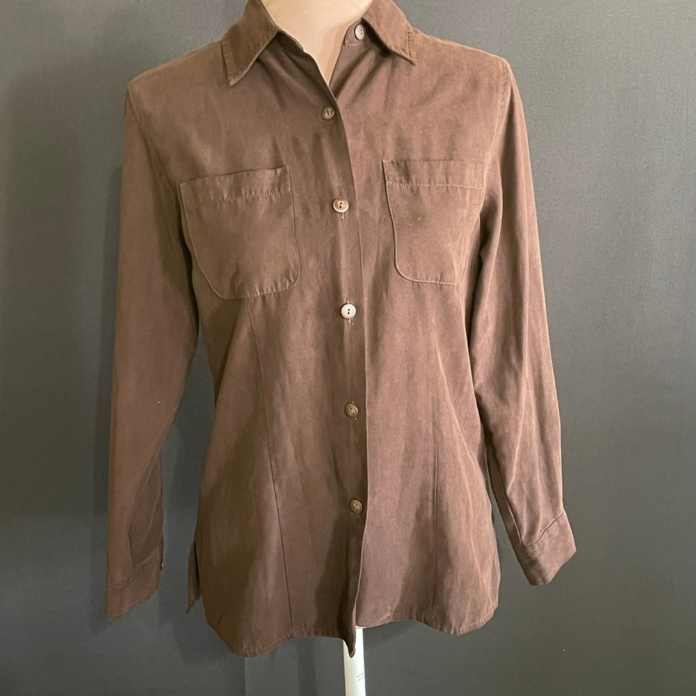 Petite Sophisticate Button Up Shirt Womens P Brown Good Faux Suede Pockets